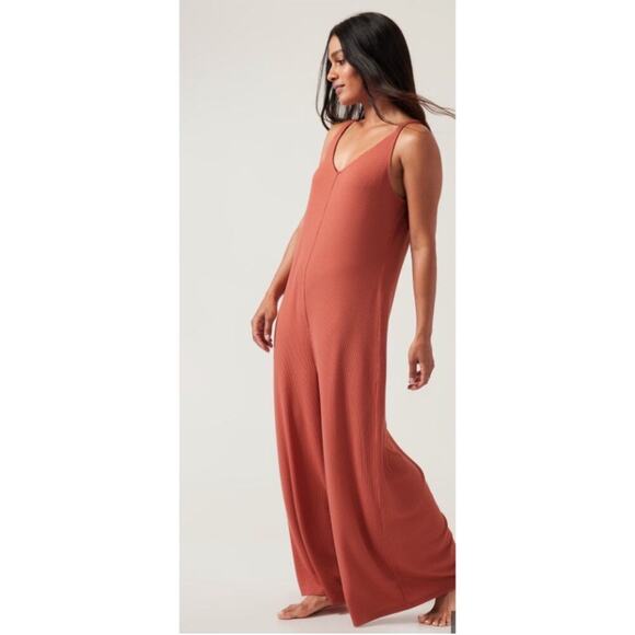 Athleta pink waffle knit Wind Down jumpsuit Size Small v neck wide leg - Picture 14 of 15